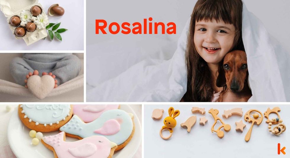 Baby name Rosalina - girl & puppy, cookies, teether, feet, chocolates