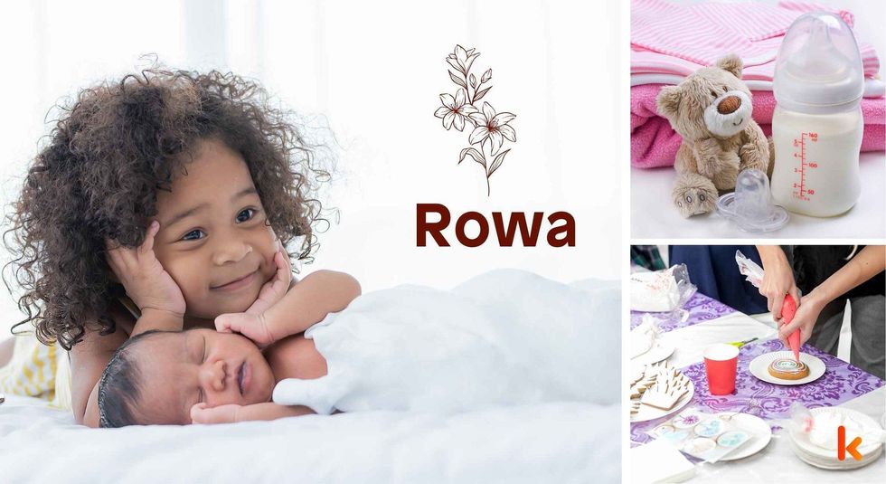 Baby name Rowa - cute baby, bottle & cookies