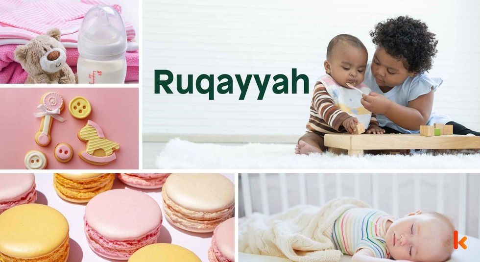 Baby name Ruqayyah - cute baby, bootle, cookies, macarons & baby crib