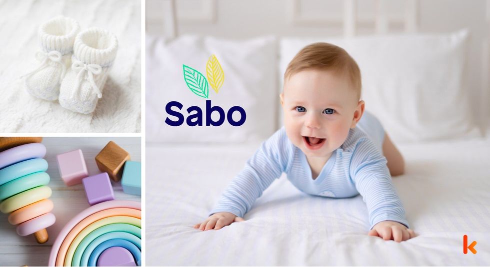 Baby name Sabo : cute baby, white booties & rainbow toys.