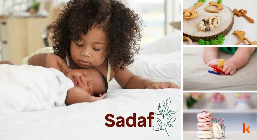 Baby name Sadaf - cute baby, teether, pacifier & macarons