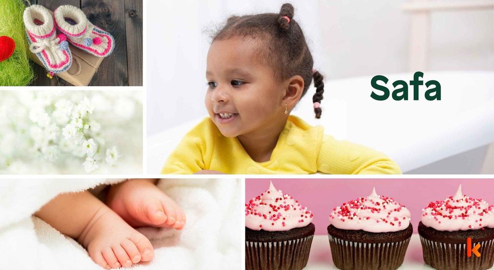 Baby name Safa - cute baby, booties, flowers & cupcake