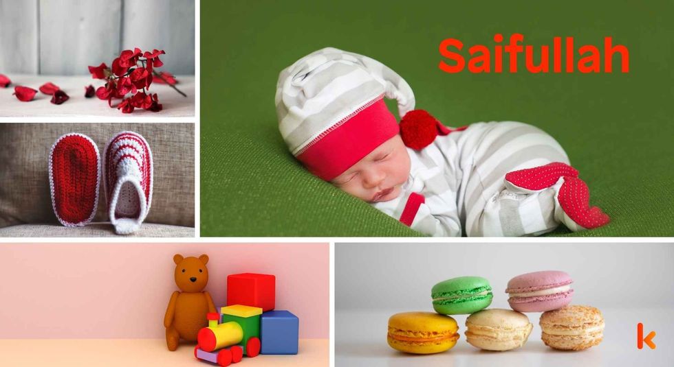 Baby Name Saifullah - cute baby, flowers, shoes, macarons and toys.