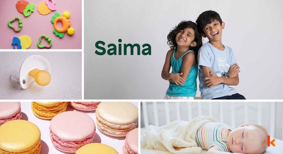 Baby name Saima - happy kids, teether, pacifier, macarons & baby crib