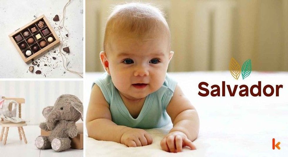 Baby name Salvador - cute baby, plush toys, chair & chocolate box