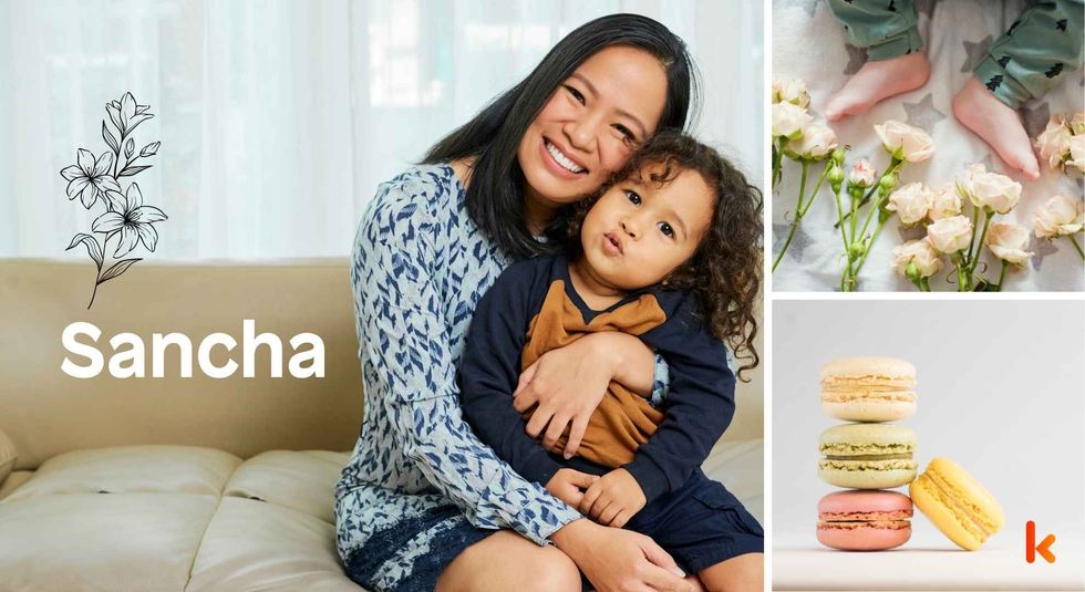 Baby name Sancha - baby & mom, feet, flowers, macarons