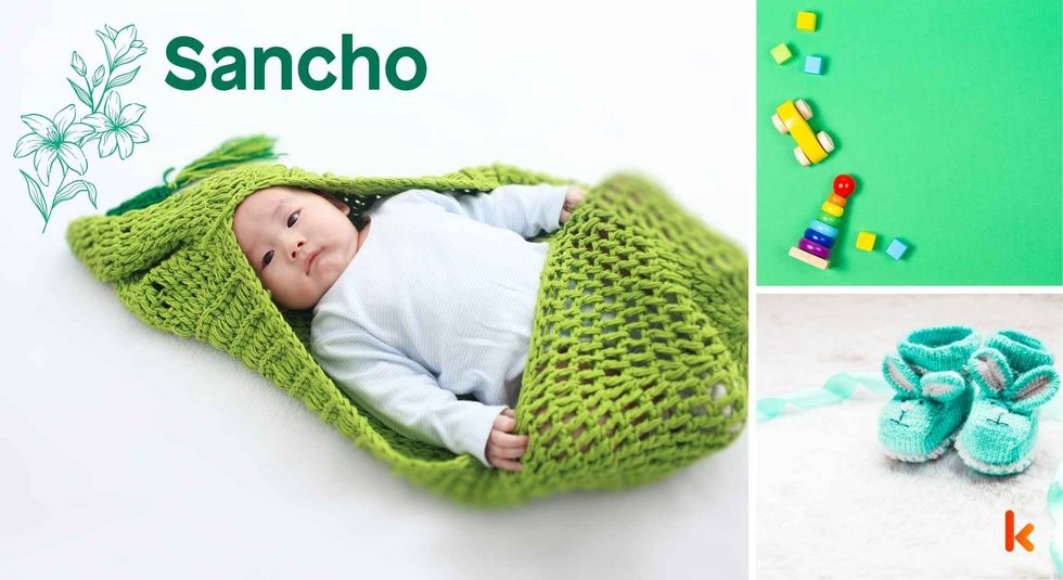 Baby Name Sancho - cute baby, flowers, shoes and toys.