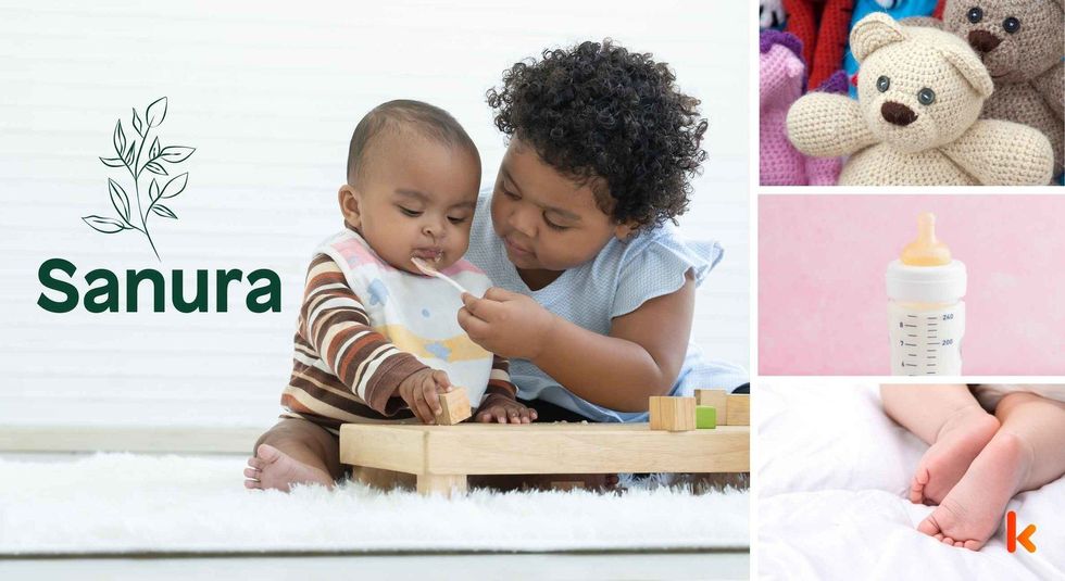 Baby name Sanura - cute baby, knitted toys, bottle & feet