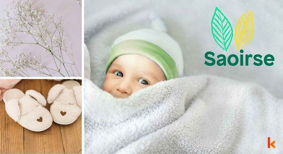 Baby name Saoirse- Cute baby, blanket, booties& flowers.