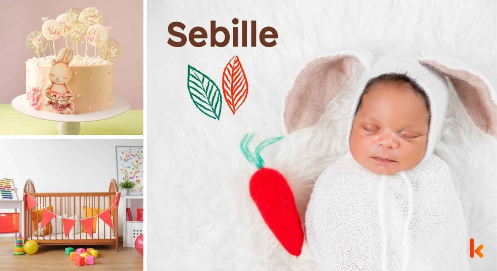 Baby name Sebille - cute baby, baby crib & cake.