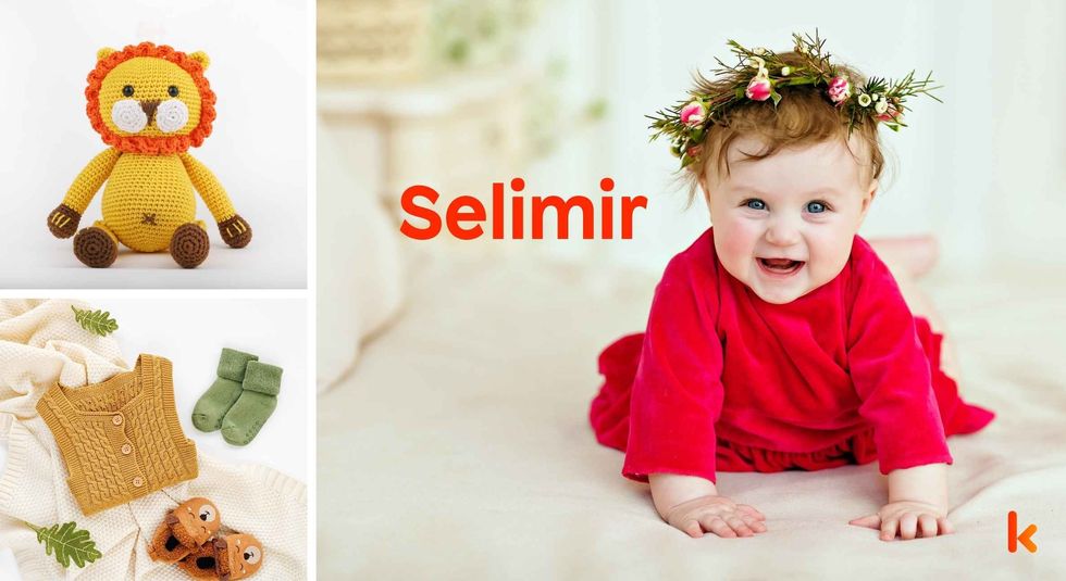Baby Name Selimir - cute baby, flowers, dress, shoes and toys.