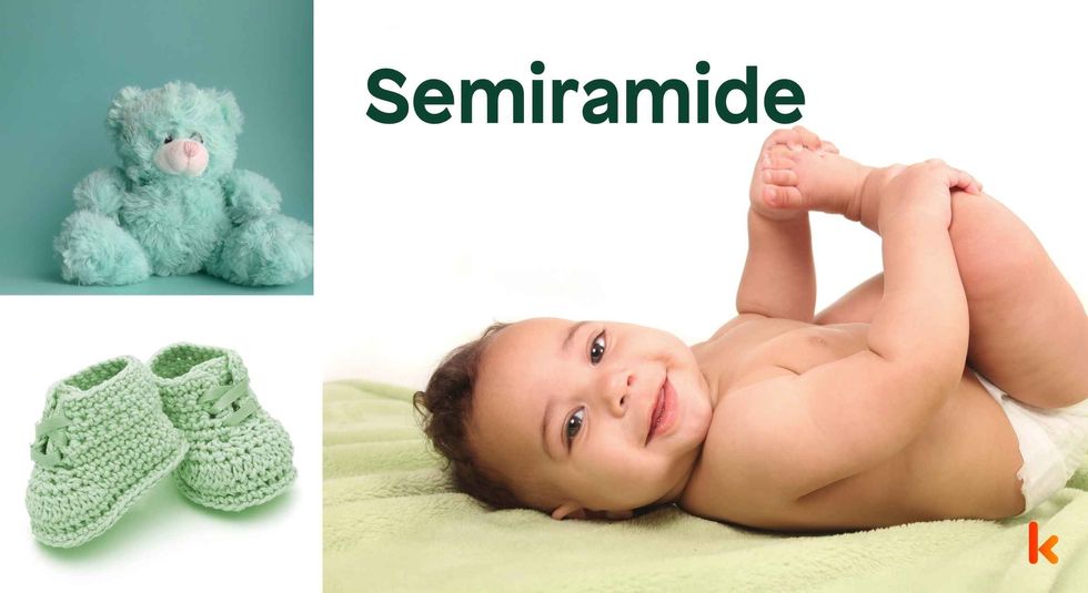 Baby Name Semiramide - cute baby, flowers, shoes and toys.
