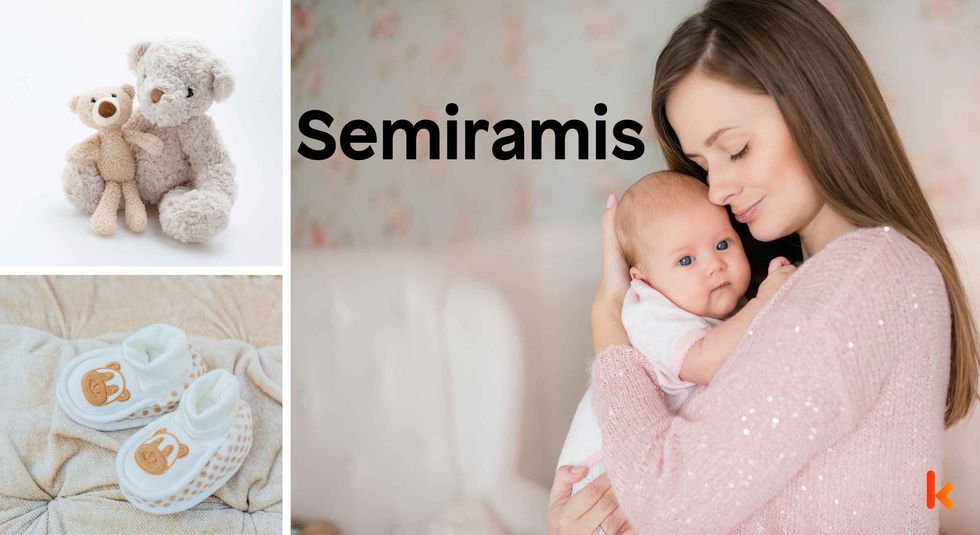 Baby Name Semiramis - cute baby, flowers, shoes and toys.