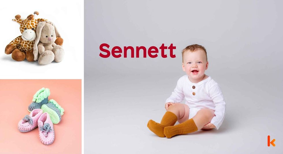 Baby Name Sennett - cute baby, flowers, shoes and toys.
