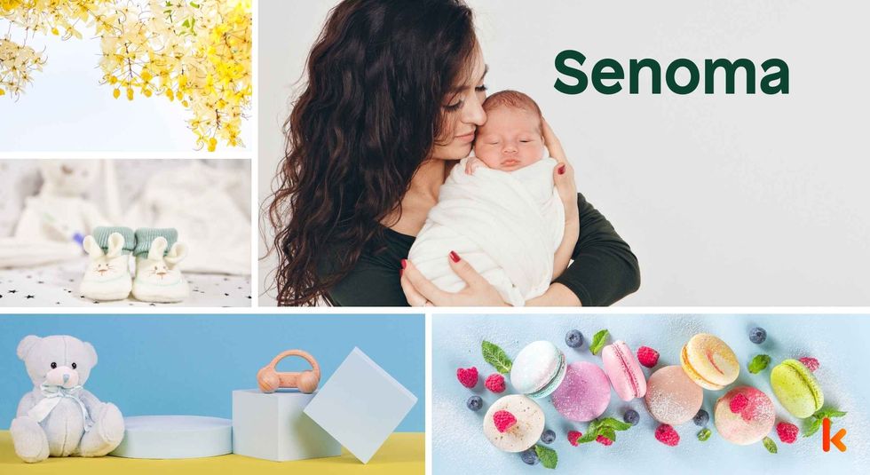 Baby Name Senoma - cute baby, flowers, shoes, macarons and toys.