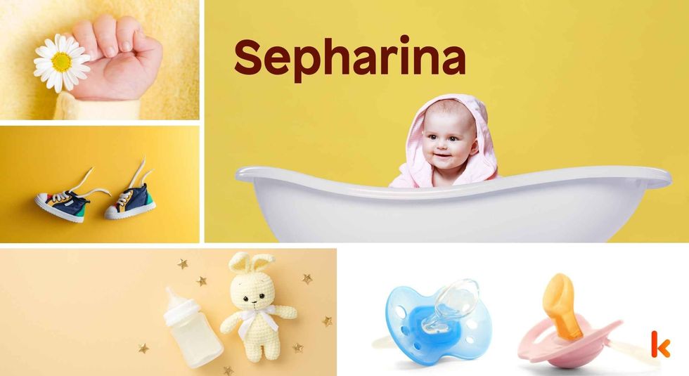 Baby Name Sepharina - cute baby, flowers, shoes, pacifier and toys.