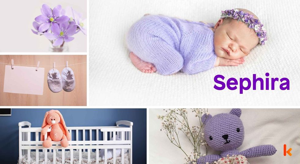 Baby Name Sephira - cute baby, flowers, shoes, cradle and toys.