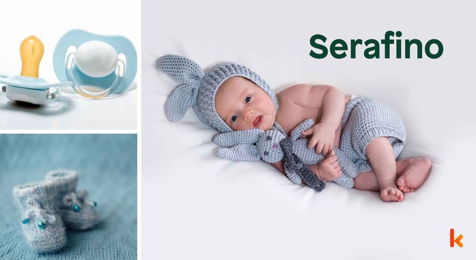 Baby Name Serafino - cute baby, shoes, pacifier and toys.