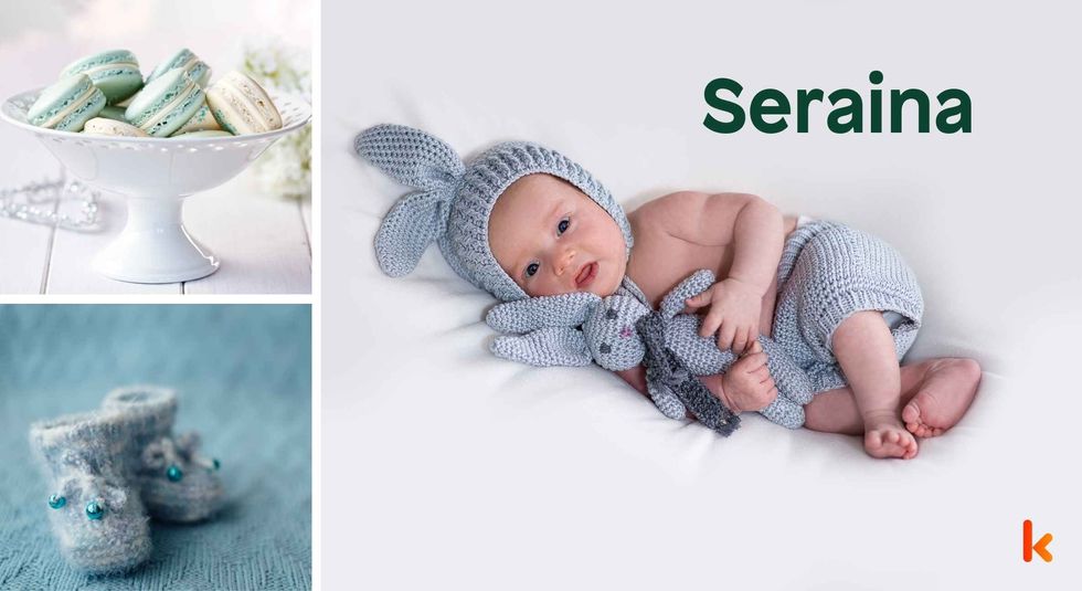 Baby Name Seraina - cute baby, shoes, macarons and toys.
