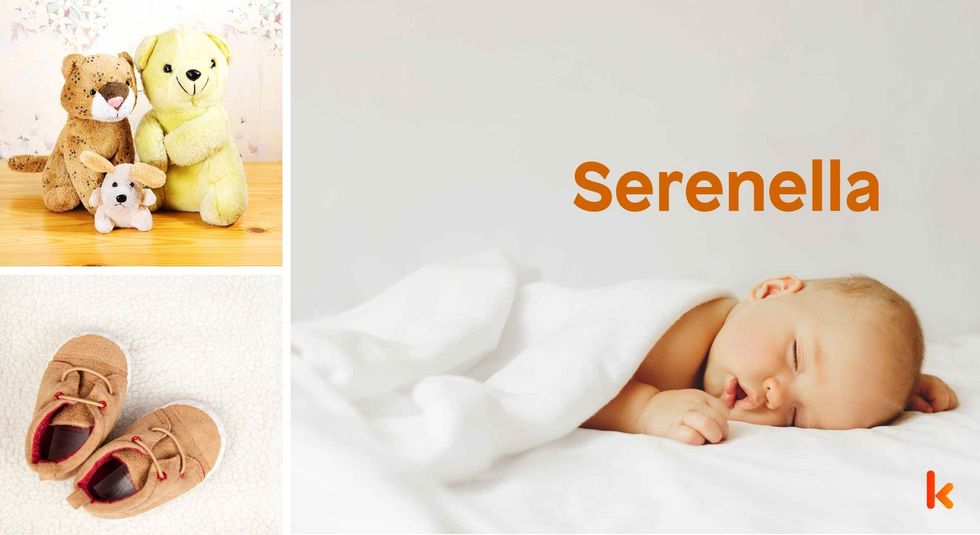 Baby Name Serenella - cute baby, flowers, shoes and toys.