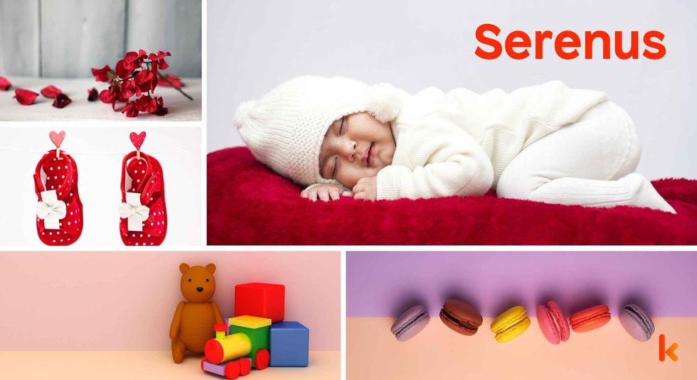 Baby Name Serenus - cute baby, flowers, shoes, macarons and toys.