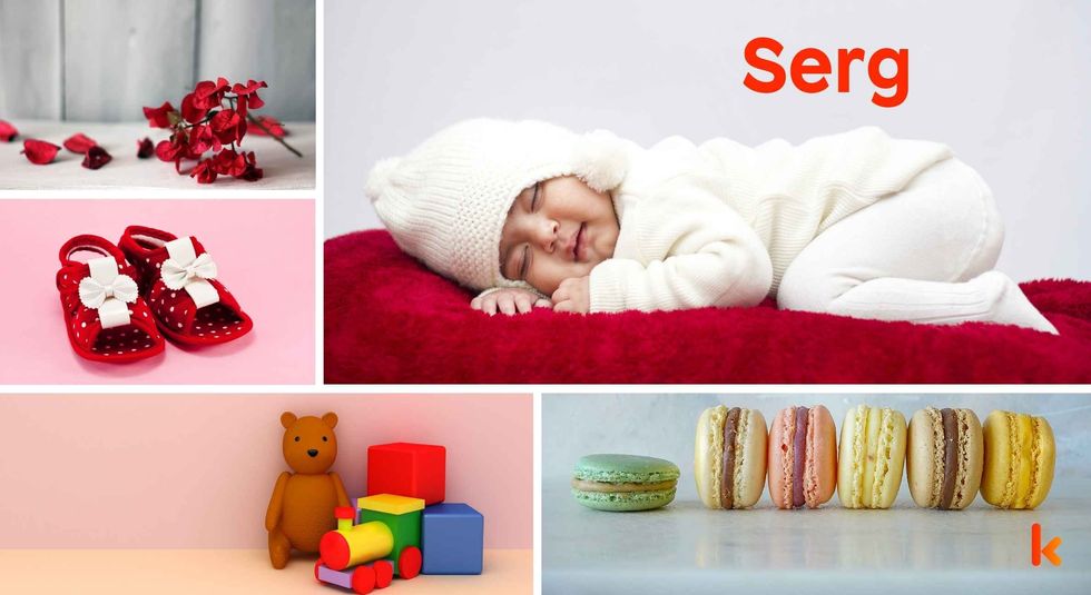 Baby Name Serg - cute baby, flowers, shoes, macarons and toys.
