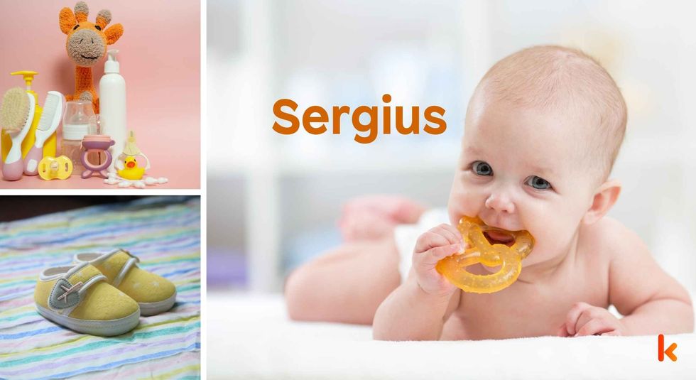 Baby Name Sergius - cute baby, flowers, shoes, pacifier and toys.