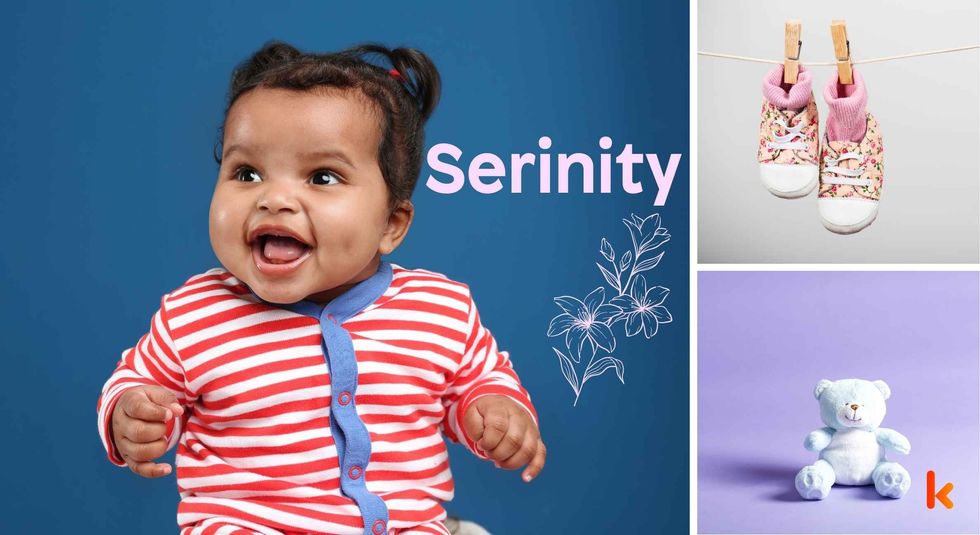 Baby Name Serinity - cute baby, flowers, shoes and toys.