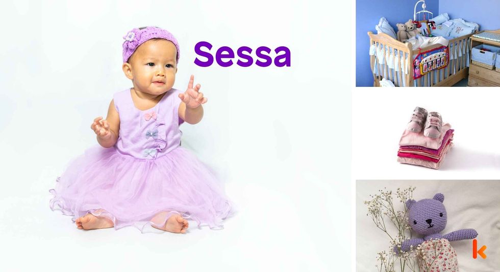 Baby Name Sessa - cute baby, flowers, shoes, cradle and toys.