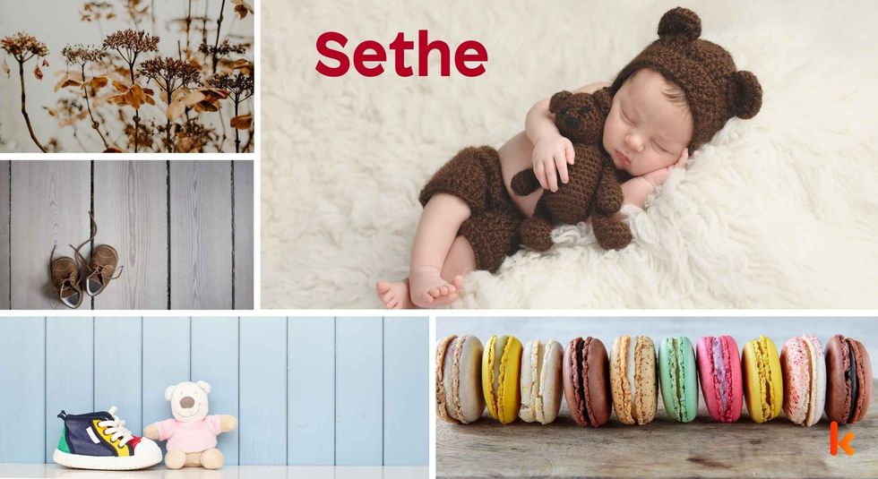 Baby Name Sethe - cute baby, flowers, shoes, macarons and toys.