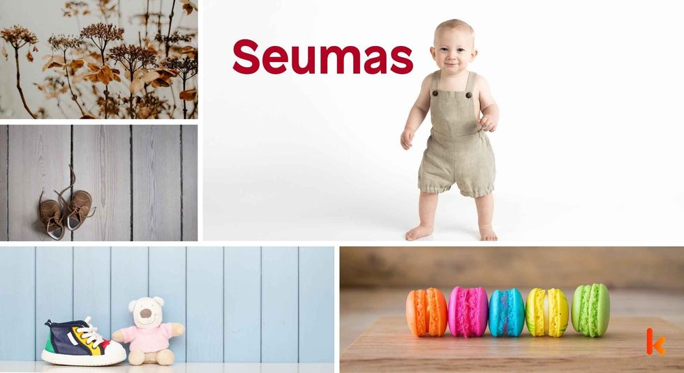 Baby Name Seumas - cute baby, flowers, shoes, macarons and toys.