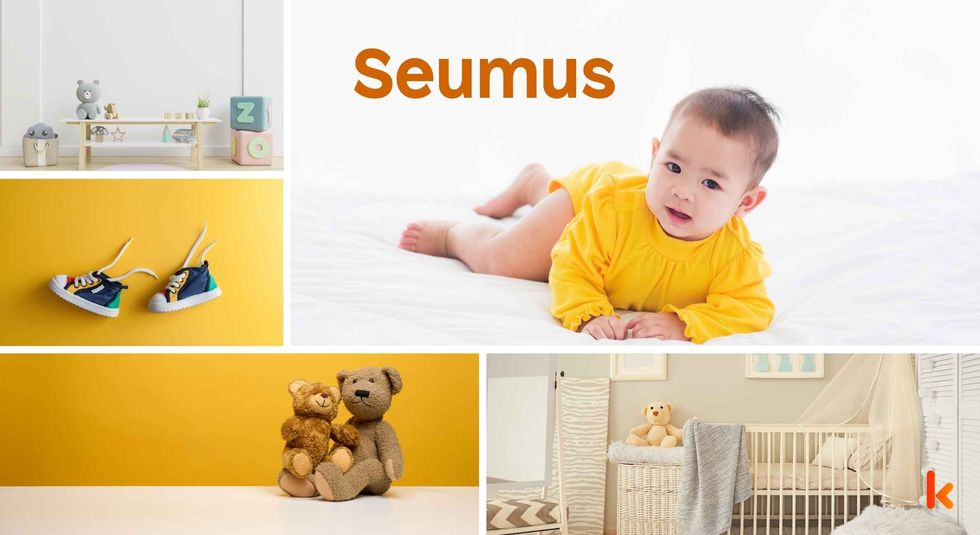 Baby Name Seumus - cute baby, flowers, shoes, cradle and toys.