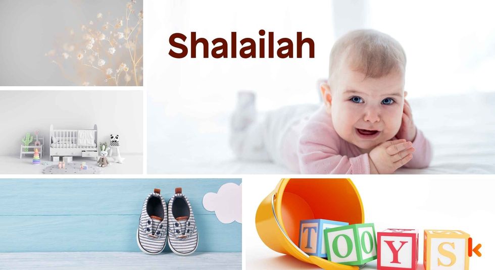 Baby Name Shalailah - cute baby, flowers, shoes, cradle and toys.