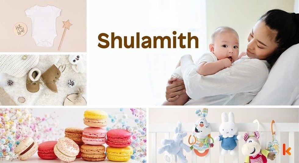 Baby name Shulamith - cute baby, macarons, teether, toy, babt booties, clothes