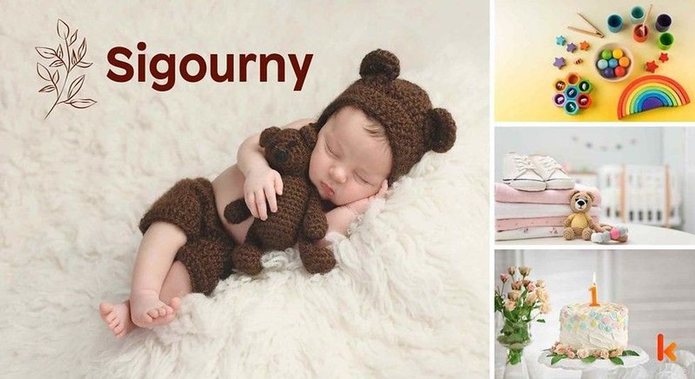 Baby name Sigourny - cute baby, baby color toys, baby clothes & baby dessert.