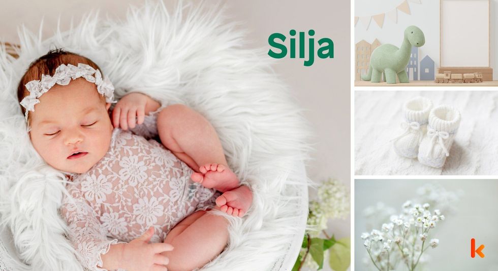 Baby Name Silja - cute sleeping baby, white fur basket, booties & flower