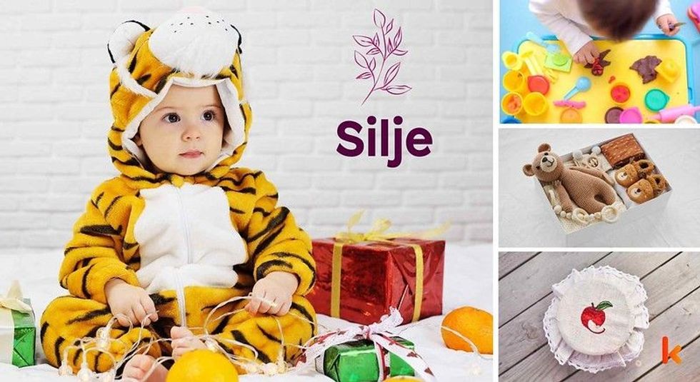 Baby name Silje - cute baby, baby color toys, baby clothes & baby dessert.