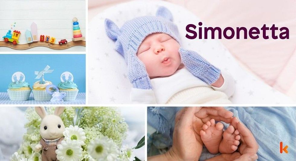 Baby name Simonetta - cute baby, baby feet, baby clothes, baby flowers & baby color toys.