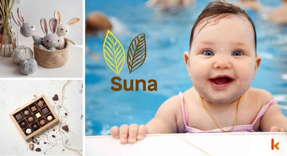 Baby name Suna - Cute baby, water, knitted toys & chocolates.