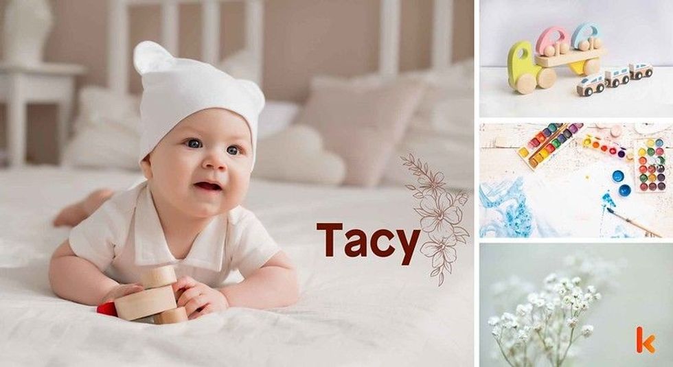 Baby name Tacy - Cute baby, toys, paint palletes & flowers.