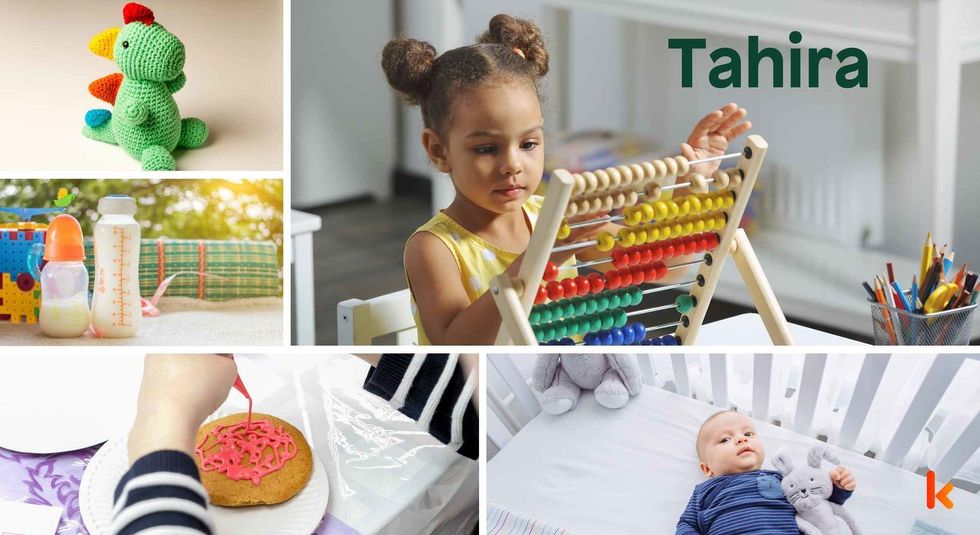 Baby name Tahira - happy girl, knitted toys, baby bottle, cookies & baby crib