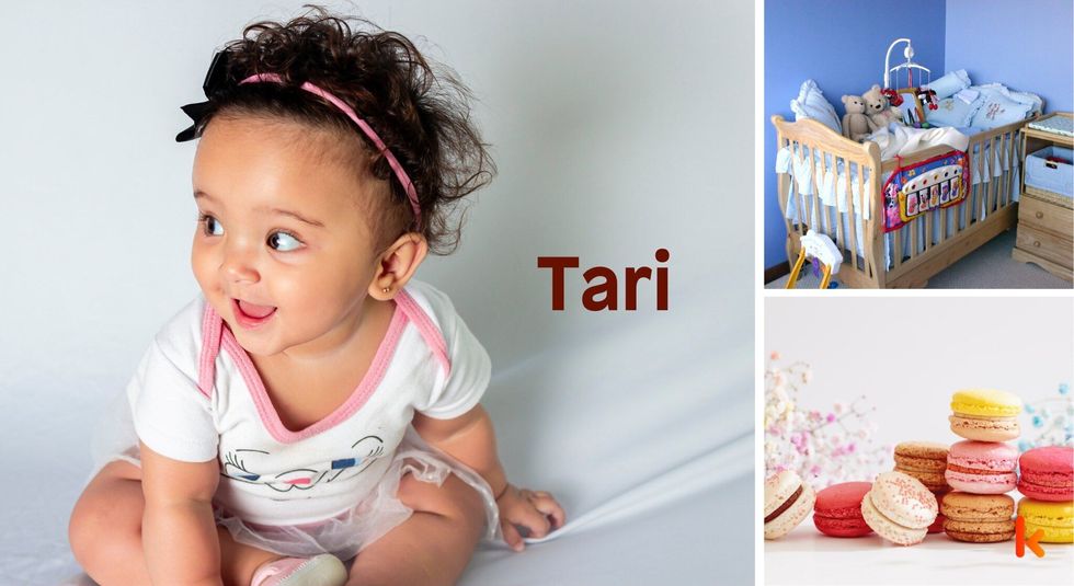 Baby name Tari - cute baby, macarons, crib, flowers, toys 