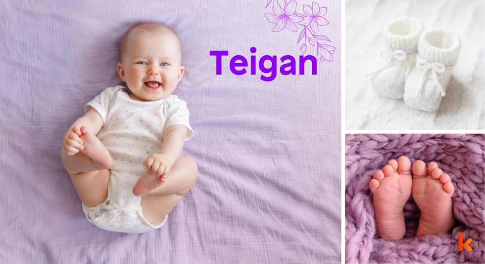 Baby Name Teigan - cute baby, white booties & purple blanket