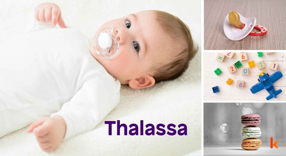 Baby name Thalassa - cute baby, pacifier, toys and macarons