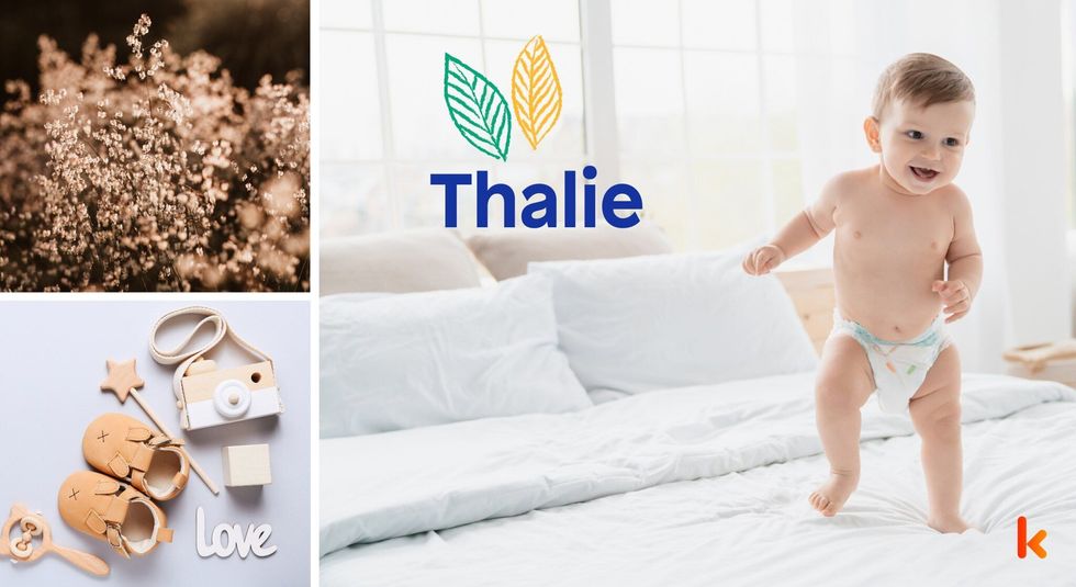 Baby name Thalie - cute baby, flowers, shoes and toys.