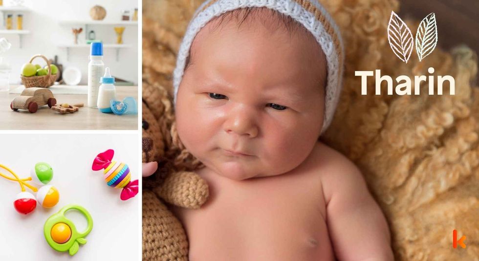 Baby name Tharin - cute baby, wooden toys, milk bottle & teethers.