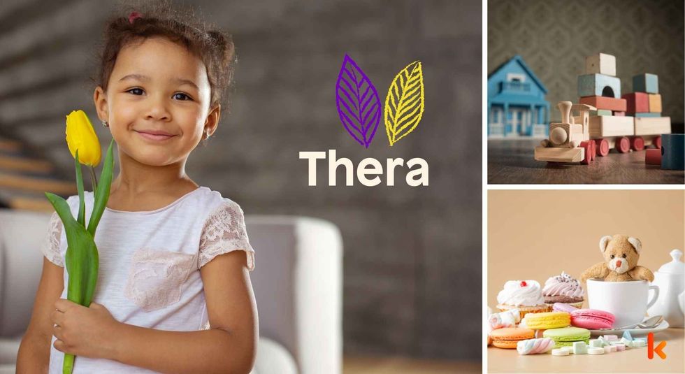 Baby name Thera - Cute baby, flowers, toys & desserts.