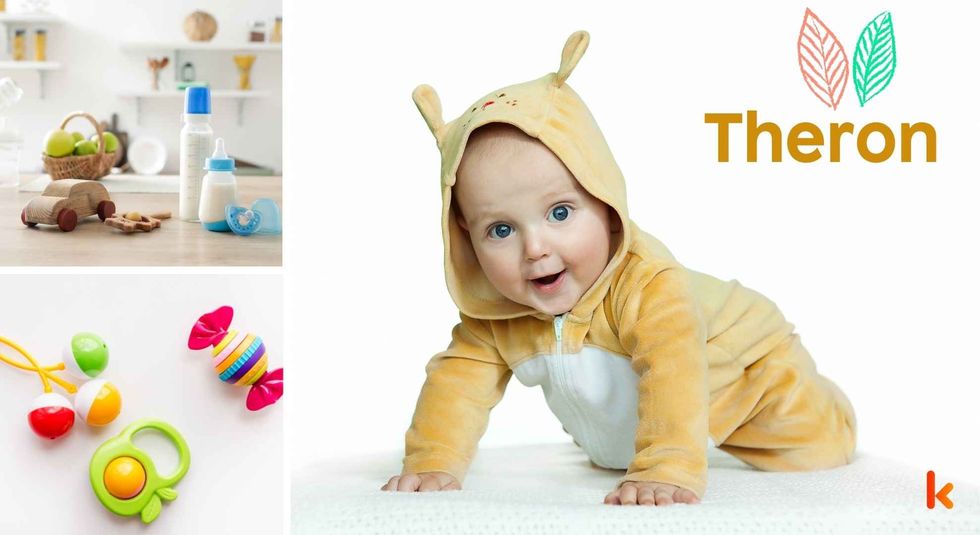 Baby name Theron - cute baby, wooden toys, milk bottle & teethers.