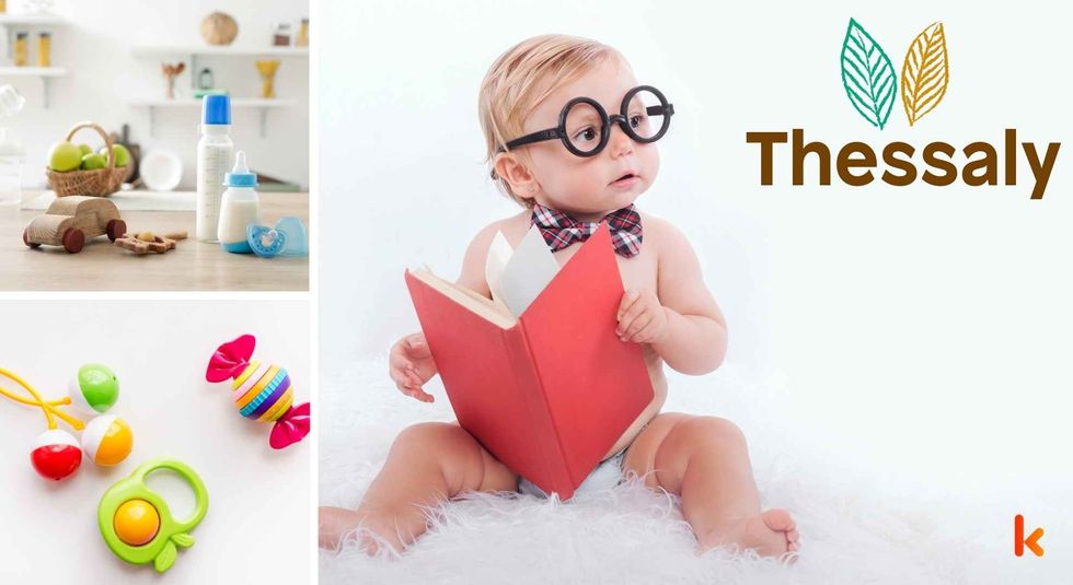 Baby name Thessaly - cute baby, wooden toys, milk bottle & teethers.