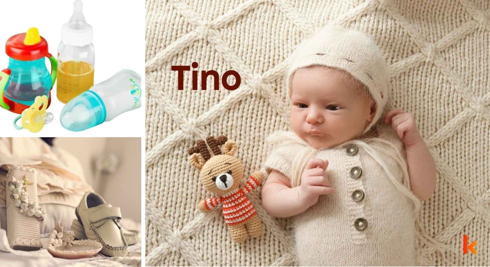 Baby Name Tino - cute baby, shoes, pacifier and toys.
